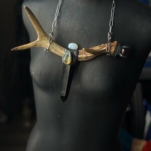 Antler and Crystal Pendant Necklace statement necklace artisan made bold jewelry